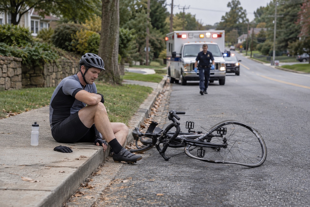 An injured cyclist sitting on a curb next to his damaged bike as emergency responders arrive on a Maryland street, illustrating a hit and run case and the question of who pays for the victim's injuries.