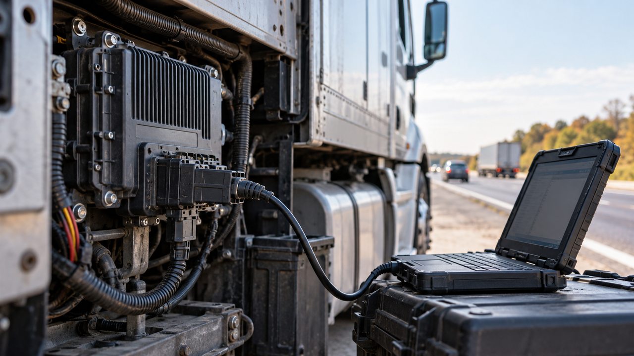 Truck black box electronic control module connected to a diagnostic laptop beside a commercial truck on a highway.